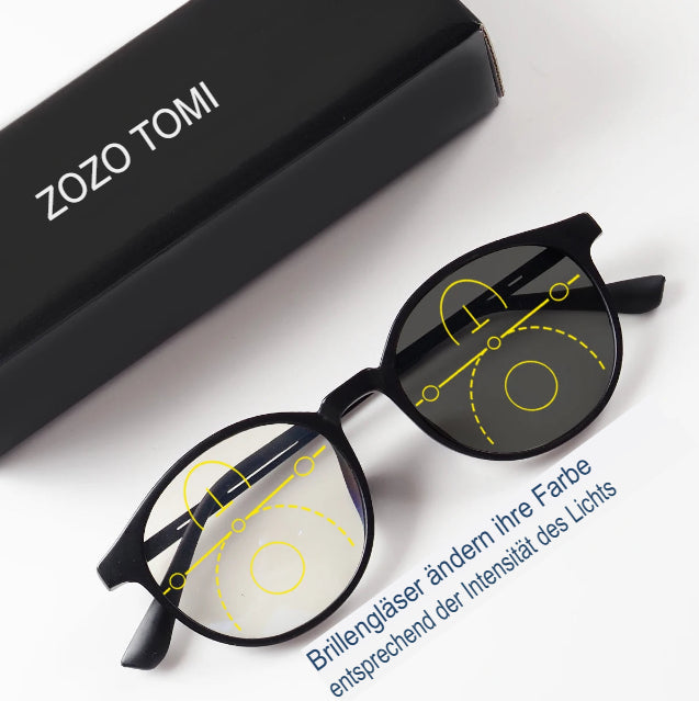 Gleitsichtbrille mit phototropen Gläsern, klare Sicht, runder Rahmen, leichter Tragekomfort, modisches Design für Damen und Herren