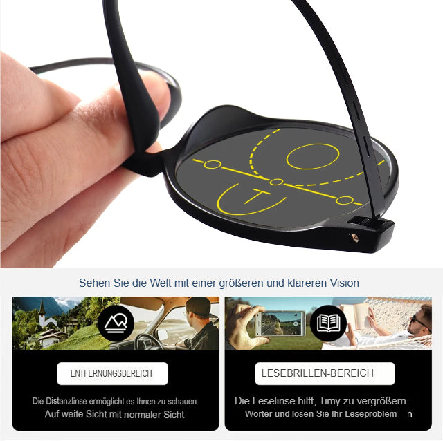 Gleitsichtbrille mit phototropen Gläsern, klare Sicht, runder Rahmen, leichter Tragekomfort, modisches Design für Damen und Herren