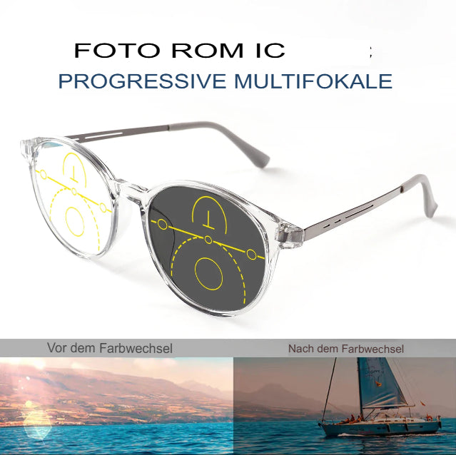 Gleitsichtbrille mit phototropen Gläsern, klare Sicht, runder Rahmen, leichter Tragekomfort, modisches Design für Damen und Herren