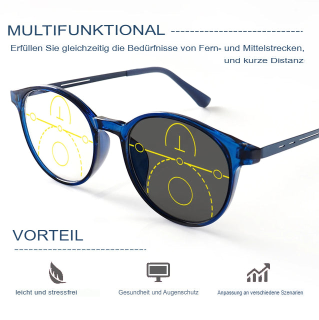 Gleitsichtbrille mit phototropen Gläsern, klare Sicht, runder Rahmen, leichter Tragekomfort, modisches Design für Damen und Herren