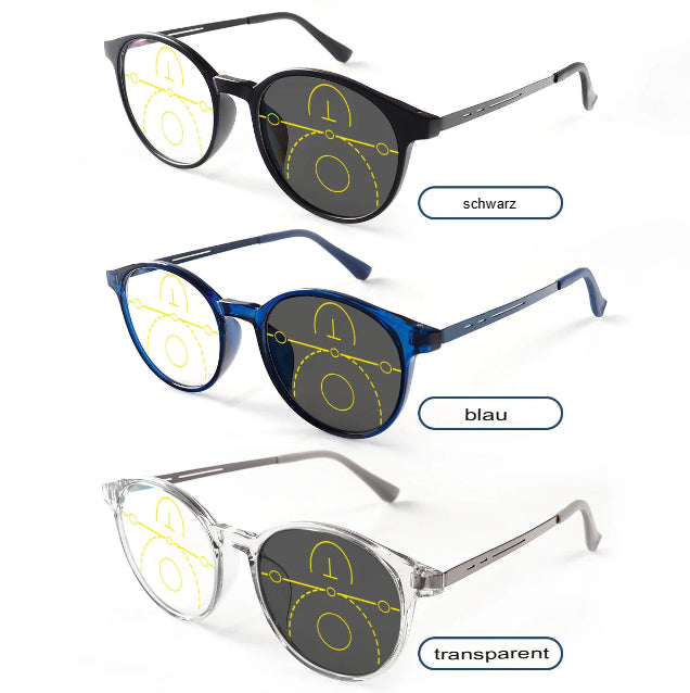 Gleitsichtbrille mit phototropen Gläsern, klare Sicht, runder Rahmen, leichter Tragekomfort, modisches Design für Damen und Herren