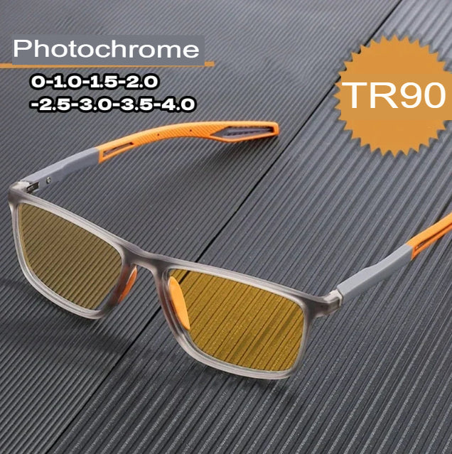 Ultraleichte photochrome Brille für Herren, TR90-Gestell, Kurzsichtigkeitsbrille, Vintage-Sonnenbrille mit Farbwechsel, 0 bis -4,0 mm