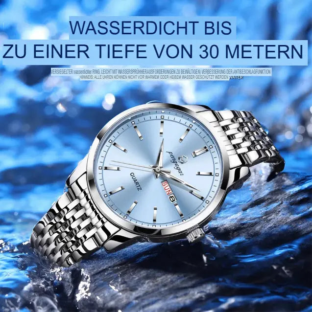PENGAGAR Luxusuhr für Herren, wasserdicht, mit Leuchtzeigern, Datums- und Wochentagsanzeige, Edelstahl, Quarzwerk, Herrenuhr, inklusive Box