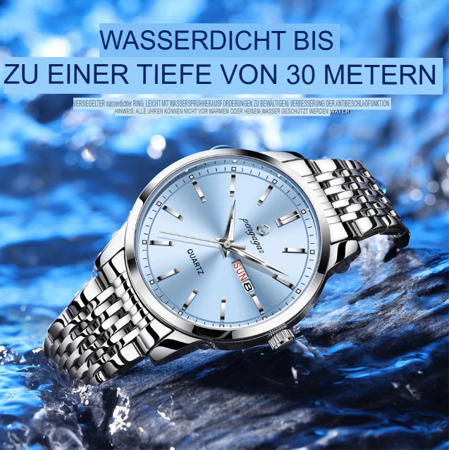 PENGAGAR Luxusuhr für Herren, wasserdicht, mit Leuchtzeigern, Datums- und Wochentagsanzeige, Edelstahl, Quarzwerk, Herrenuhr, inklusive Box