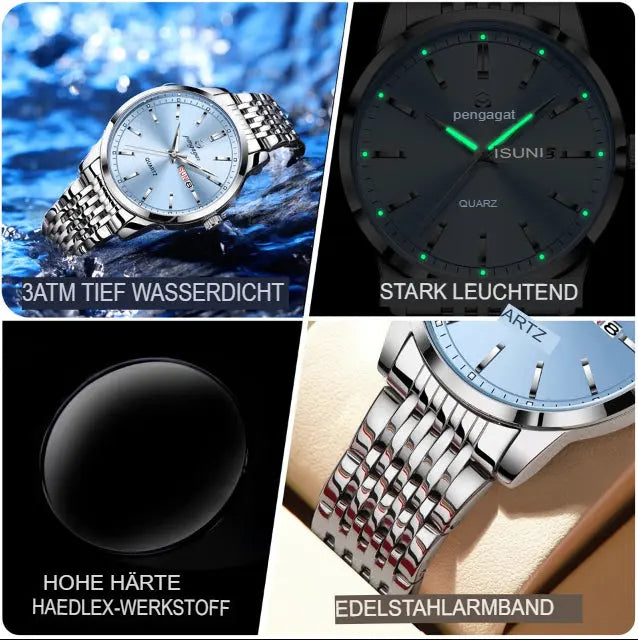 PENGAGAR Luxusuhr für Herren, wasserdicht, mit Leuchtzeigern, Datums- und Wochentagsanzeige, Edelstahl, Quarzwerk, Herrenuhr, inklusive Box