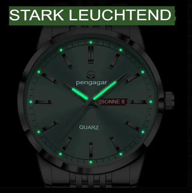 PENGAGAR Luxusuhr für Herren, wasserdicht, mit Leuchtzeigern, Datums- und Wochentagsanzeige, Edelstahl, Quarzwerk, Herrenuhr, inklusive Box