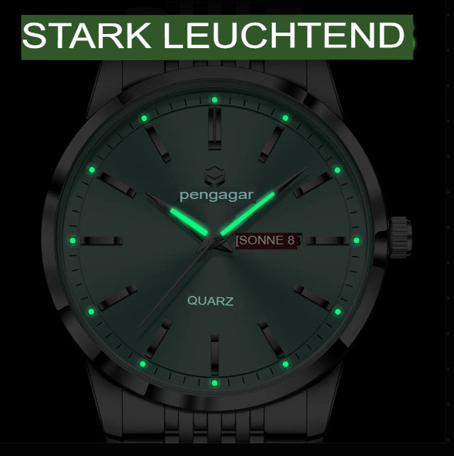 PENGAGAR Luxusuhr für Herren, wasserdicht, mit Leuchtzeigern, Datums- und Wochentagsanzeige, Edelstahl, Quarzwerk, Herrenuhr, inklusive Box