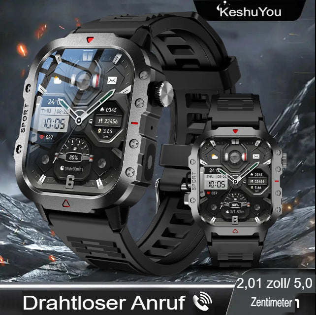 KESHUYOU Outdoor-Sport-Smartwatch mit 2,01-Zoll-HD-Bildschirm, LED-Taschenlampe, Bluetooth und Sprachfunktion – die perfekte Geschenkidee für Damen und Herren