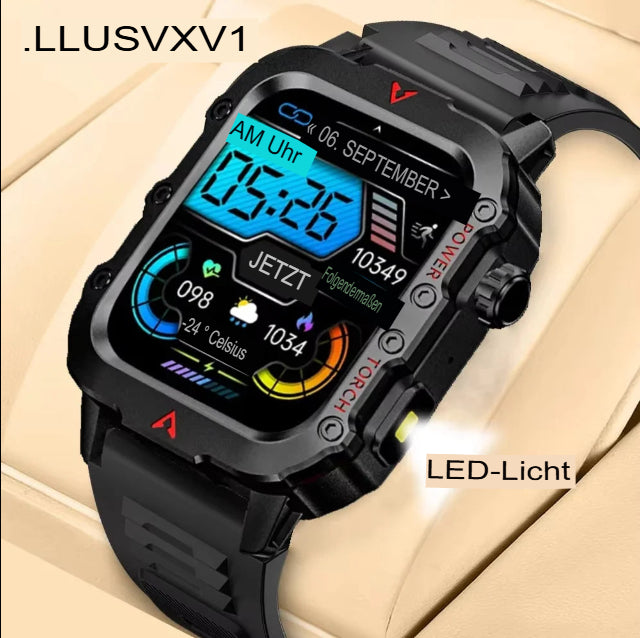 LAXASFIT Neue Herren-Smartwatch mit LED-Taschenlampe, Outdoor-Sport-Smartwatch, Armbanduhr, Smartwatch mit Gesundheitsüberwachung