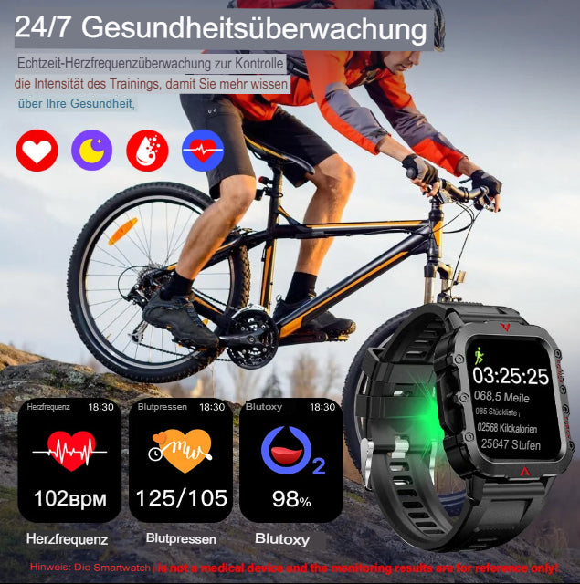 LAXASFIT Neue Herren-Smartwatch mit LED-Taschenlampe, Outdoor-Sport-Smartwatch, Armbanduhr, Smartwatch mit Gesundheitsüberwachung