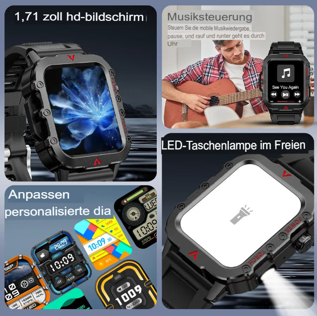 LAXASFIT Neue Herren-Smartwatch mit LED-Taschenlampe, Outdoor-Sport-Smartwatch, Armbanduhr, Smartwatch mit Gesundheitsüberwachung