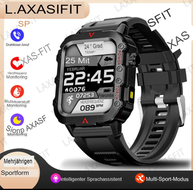LAXASFIT Neue Herren-Smartwatch mit LED-Taschenlampe, Outdoor-Sport-Smartwatch, Armbanduhr, Smartwatch mit Gesundheitsüberwachung