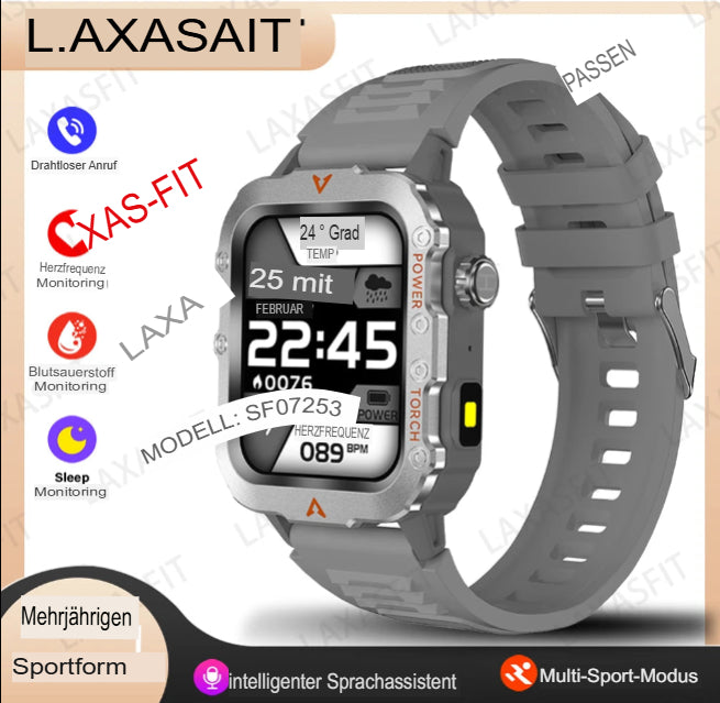 LAXASFIT Neue Herren-Smartwatch mit LED-Taschenlampe, Outdoor-Sport-Smartwatch, Armbanduhr, Smartwatch mit Gesundheitsüberwachung