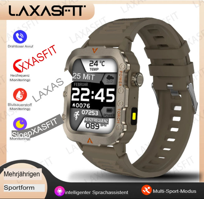 LAXASFIT Neue Herren-Smartwatch mit LED-Taschenlampe, Outdoor-Sport-Smartwatch, Armbanduhr, Smartwatch mit Gesundheitsüberwachung