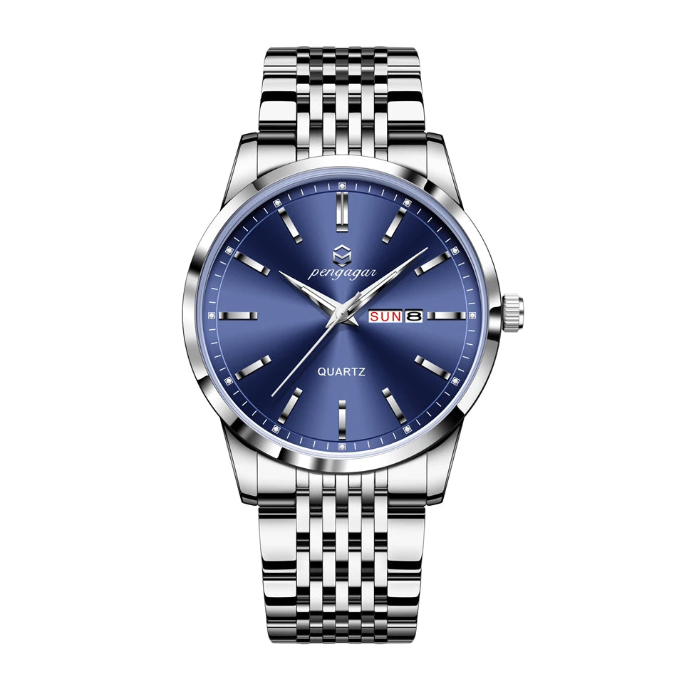 PENGAGAR Luxusuhr für Herren, wasserdicht, mit Leuchtzeigern, Datums- und Wochentagsanzeige, Edelstahl, Quarzwerk, Herrenuhr, inklusive Box