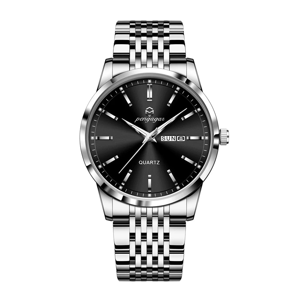 PENGAGAR Luxusuhr für Herren, wasserdicht, mit Leuchtzeigern, Datums- und Wochentagsanzeige, Edelstahl, Quarzwerk, Herrenuhr, inklusive Box
