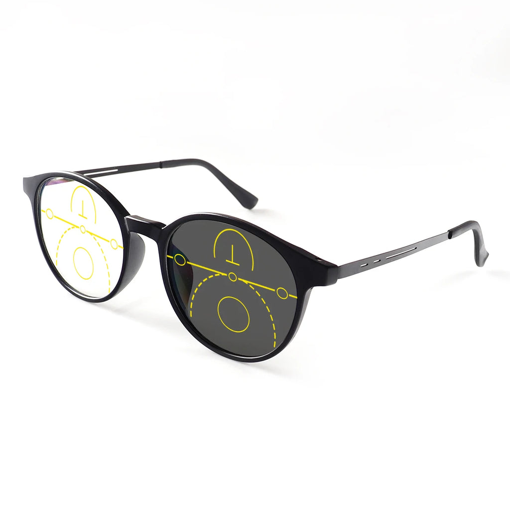 Gleitsichtbrille mit phototropen Gläsern, klare Sicht, runder Rahmen, leichter Tragekomfort, modisches Design für Damen und Herren