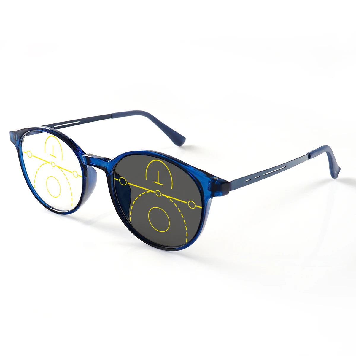 Gleitsichtbrille mit phototropen Gläsern, klare Sicht, runder Rahmen, leichter Tragekomfort, modisches Design für Damen und Herren